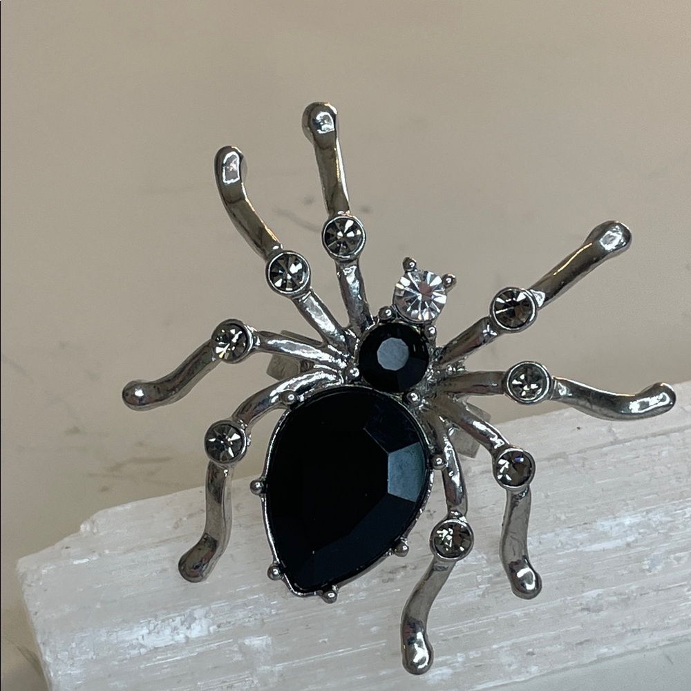 Spider Adjustable  Black Crystal Rhinestones Silver Tone Metal Ring